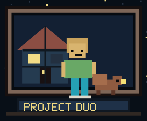 Stylized resident and dog standing together
